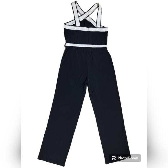 Ann Taylor Navy Blue White Belted Sleeveless Straight Leg Casual Jumpsuit Size 8 - Picture 6 of 14